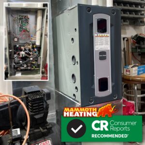 A collage showing internal components and exterior of an American Standard furnace by Mammoth Heating in Wasilla, AK.