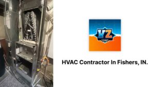 An open indoor HVAC furnace showing internal components during a repair or maintenance job by Varsity Zone HVAC of Fishers, IN.