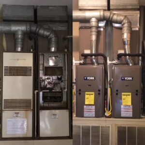 Before and after comparison of old and new HVAC furnace units installed by Freeman Heat & Air in Roland, OK