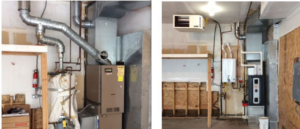 Two examples of HVAC furnace and water heater installations with ductwork by Scott's Heating & Air Conditioning Services in Anchorage, AK
