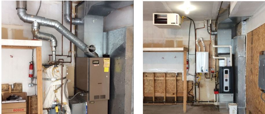 Two examples of HVAC furnace and water heater installations with ductwork by Scott's Heating & Air Conditioning Services in Anchorage, AK