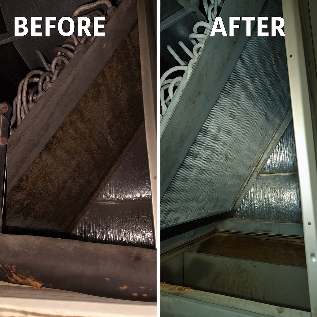 Before and after view of an HVAC indoor coil cleaning service by Southern Heating & A/C LLC in Mobile, AL.