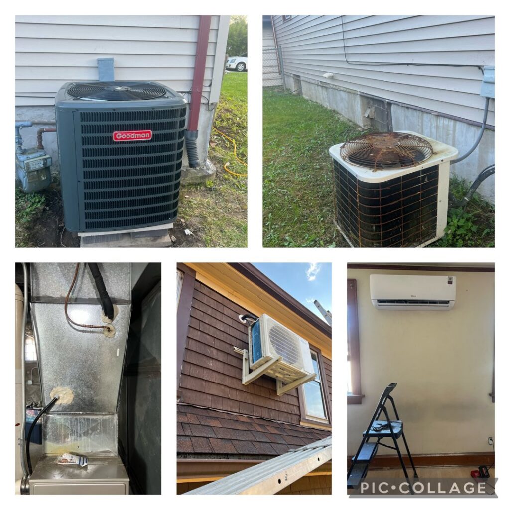 A collage showing various HVAC services, including new and old outdoor AC units, furnace interior, and mini-split installations, by Basurto's Heating & Cooling in Milwaukee, WI.