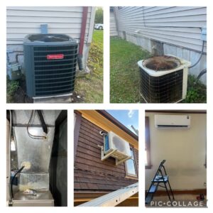 A collage showing various HVAC services, including new and old outdoor AC units, furnace interior, and mini-split installations, by Basurto's Heating & Cooling in Milwaukee, WI.