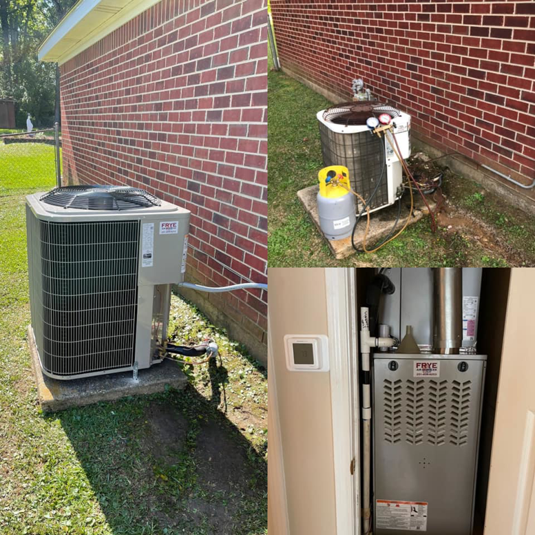 A collage showing outdoor AC unit installation, servicing, and an indoor furnace by Frye Air Services in Mobile, AL