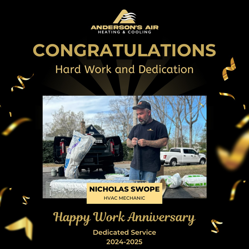 HVAC mechanic Nicholas Swope working with insulation materials for Anderson's Air in Newport News, VA