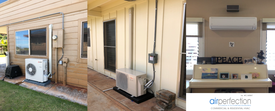 A collage of residential HVAC mini-split installations by Air Perfection, LLC in Waipahu, HI, showing outdoor and indoor units.