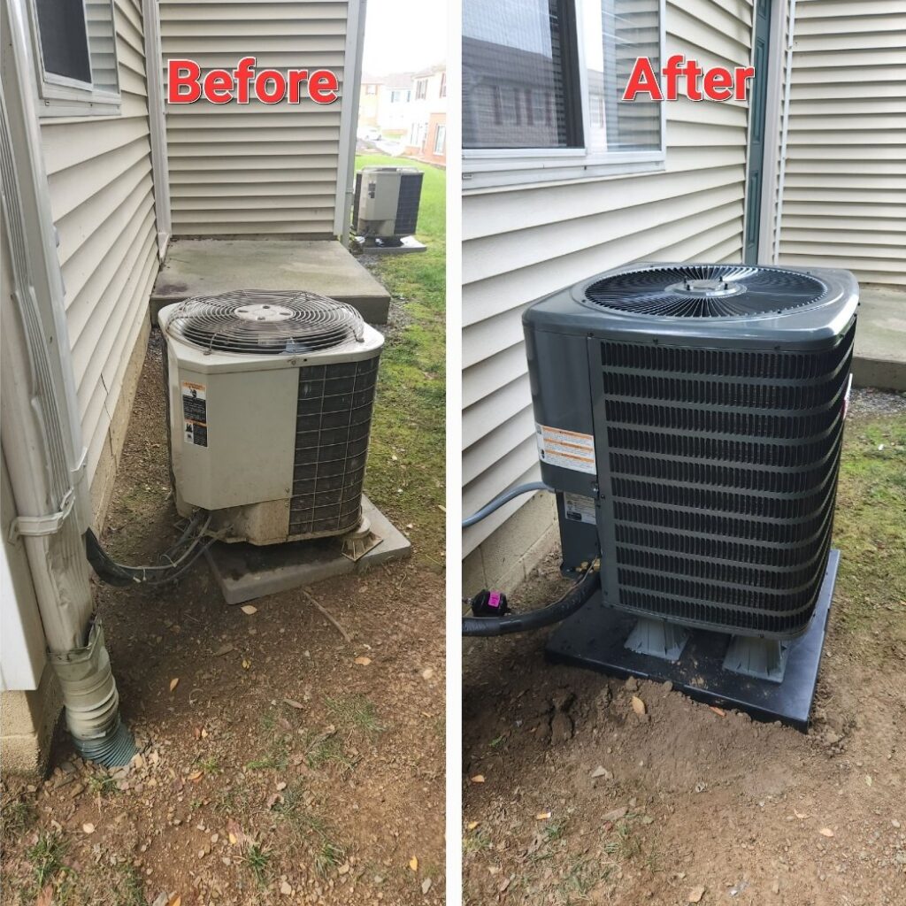 Before and after view of a new outdoor HVAC unit installation by Duct Pros in Martinsburg, WV