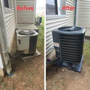 Before and after view of a new outdoor HVAC unit installation by Duct Pros in Martinsburg, WV