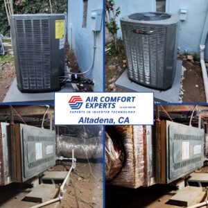 A collage showing outdoor HVAC units and indoor air handlers with ductwork installed by Air Comfort Experts in Pasadena, CA