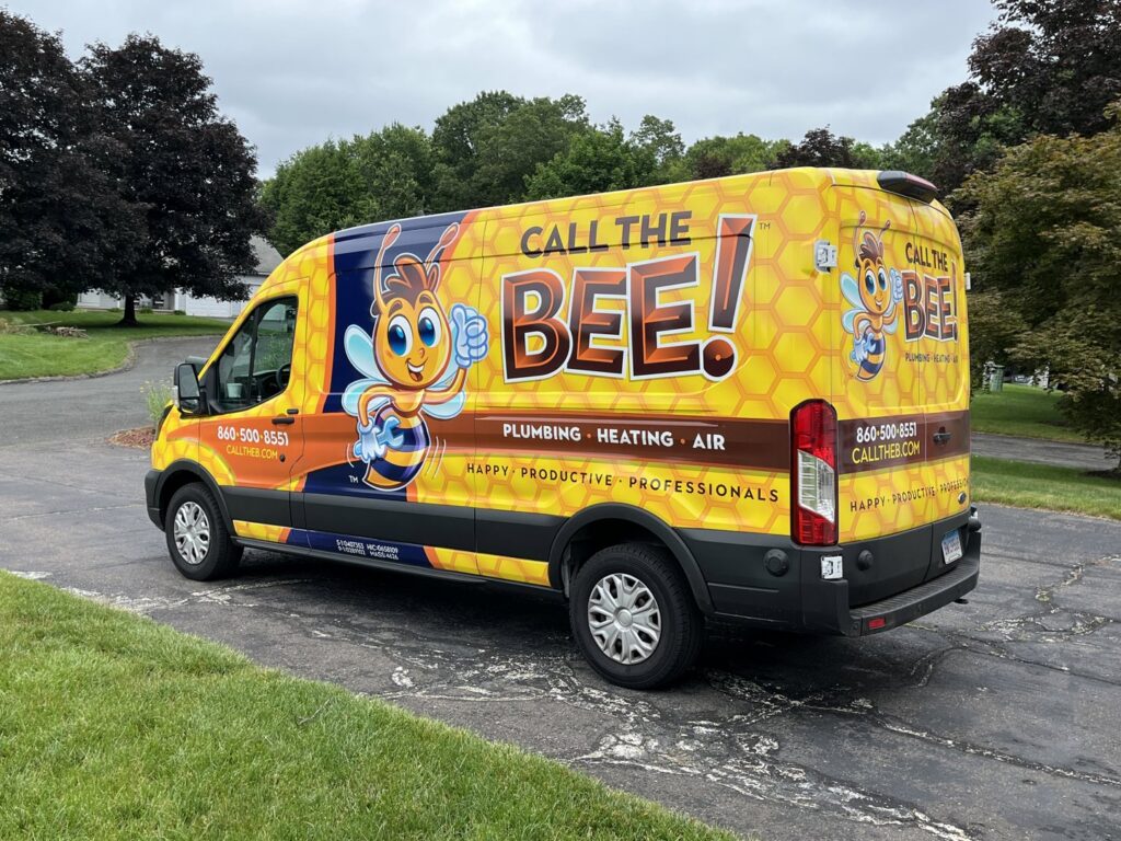 A branded Call The Bee Plumbing, Heating, Air & Electric service van parked in Farmington, CT.