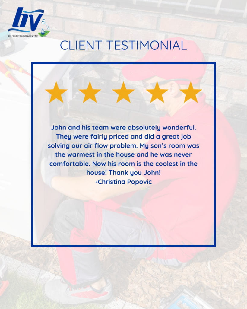 A technician servicing an HVAC unit, featured in a client testimonial for BV Air Conditioning & Heating in Dallas, TX.
