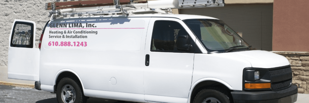 A white service van with ladders on the roof, branded for Glenn Lima Inc. Heating & Air Conditioning in Wilmington, DE.