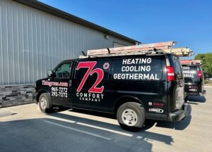 A branded 72 Degrees service van for heating, cooling, and geothermal services in Ankeny, IA.