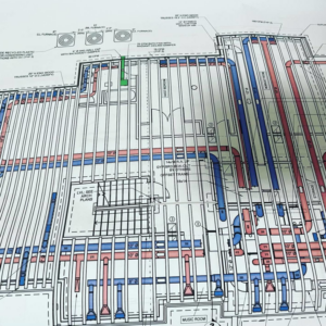 A detailed HVAC system blueprint showing ductwork and furnace locations for Bryan's Heating & Cooling Company in Minneapolis, MN.