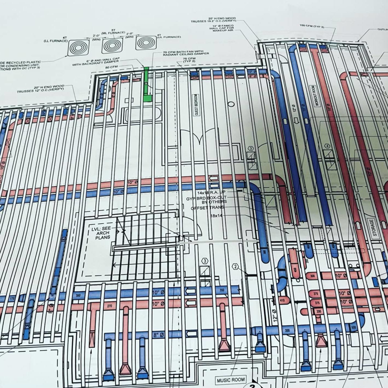 A detailed HVAC system blueprint showing ductwork and furnace locations for Bryan's Heating & Cooling Company in Minneapolis, MN.