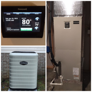 Honeywell thermostat, Frigidaire air handler, and outdoor condenser unit installed by R & R H.V.A.C in Knoxville, TN.