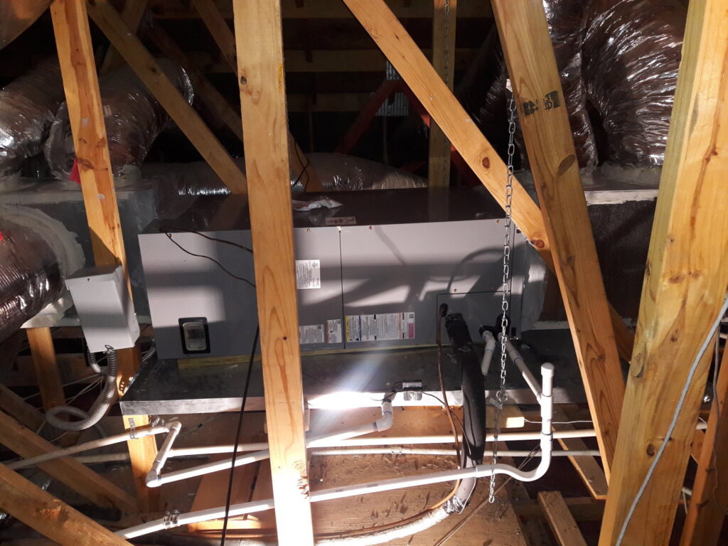 An HVAC system installation in an attic by Go West A/C & Heating in Fort Worth, TX.