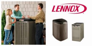 A family with a technician next to an outdoor Lennox HVAC unit, representing services from Total Comfort, Inc. in Danbury, CT