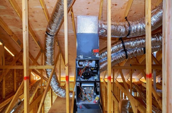 An HVAC furnace and ductwork being installed in the attic of a new construction home by Chill Out Heating and Cooling in Tulsa, OK.