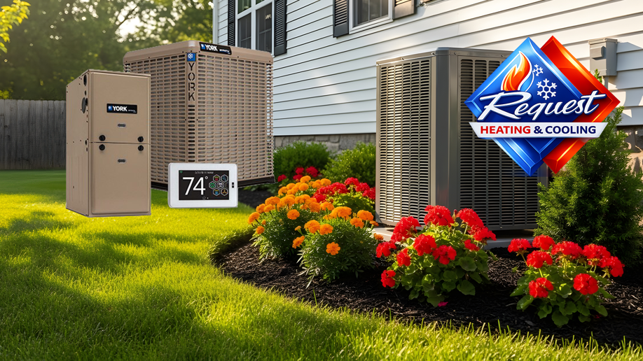 A new HVAC system installation with outdoor AC units, an indoor furnace, and a smart thermostat by Request Heating & Cooling in Holland, MI