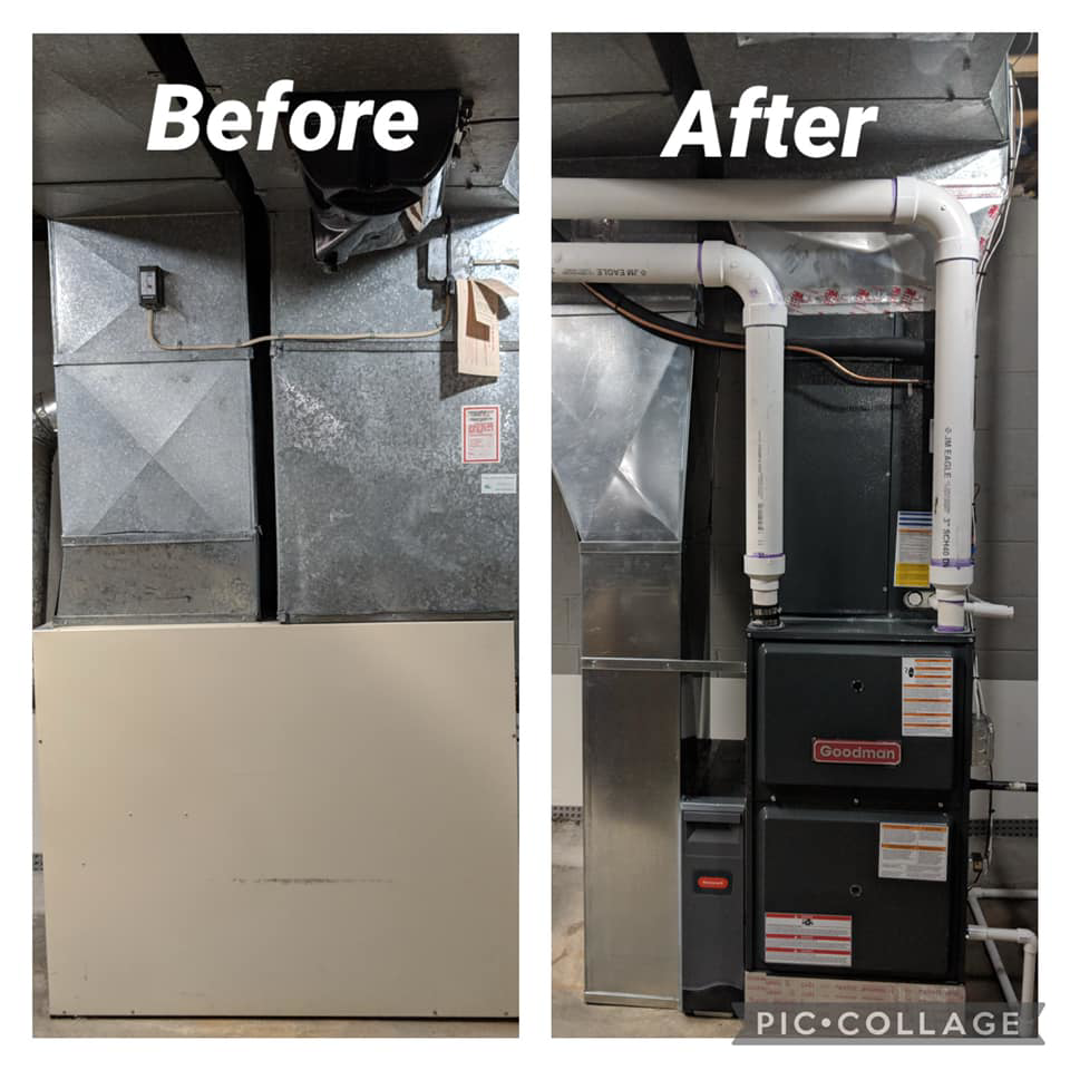 A before and after view of an HVAC system replacement by Albert DelPizzo HVAC in Newark, DE, showing a new Goodman unit.
