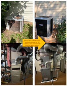 Before and after photos of a complete HVAC system replacement, including indoor and outdoor units, by 495 HVAC in Annandale, VA.