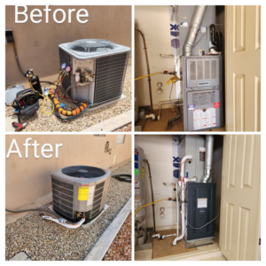 Before and after photos of an HVAC system replacement by Bluestone Refrigeration LLC in Las Cruces, NM.
