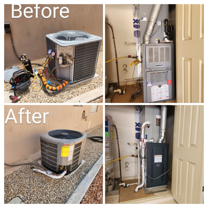 Before and after photos of an HVAC system replacement by Bluestone Refrigeration LLC in Las Cruces, NM.