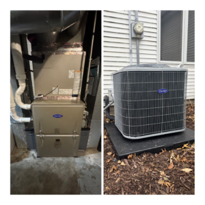 Before and after of an HVAC system replacement by Ideal Heating & Air Conditioning in Omaha, NE, showing new indoor and outdoor units.
