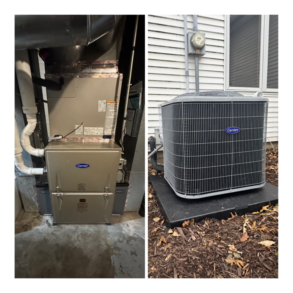 Before and after of an HVAC system replacement by Ideal Heating & Air Conditioning in Omaha, NE, showing new indoor and outdoor units.