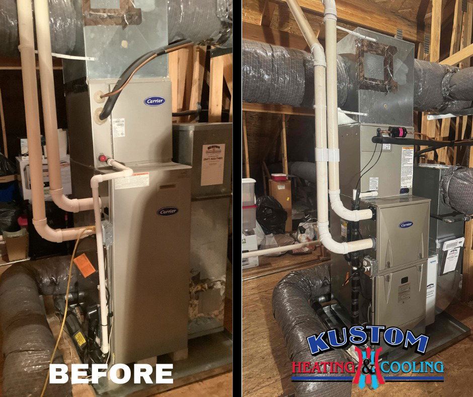 Before and after view of an HVAC system replacement by Kustom Heating & Cooling in Elgin, IL