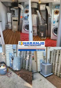 Before and after photos of HVAC system replacement, including furnace and AC unit, by Naranjo Heating & Cooling Specialist Inc. in Joliet, IL.