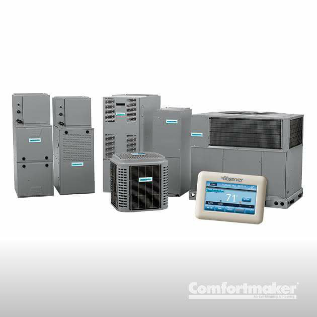 A display of various HVAC systems including furnaces, air conditioners, and a smart thermostat by King's Mechanical in Alamogordo, NM.