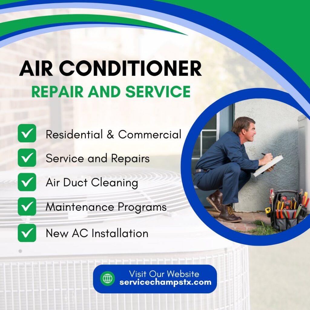 An HVAC technician completing an inspection report next to an outdoor air conditioning unit for Service Champs Heating and Air in Fort Worth, TX.