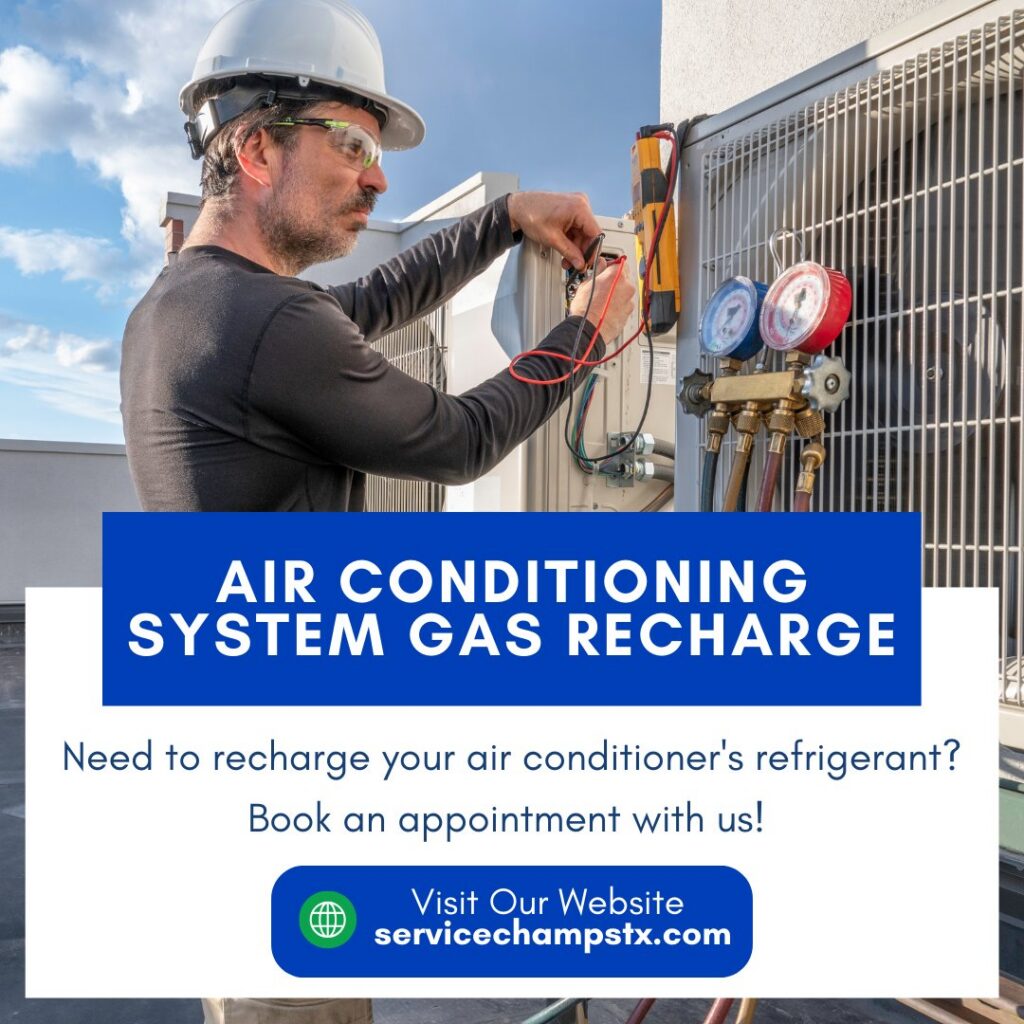 An HVAC technician checking refrigerant levels on an outdoor AC unit with gauges for Service Champs Heating and Air in Fort Worth, TX.