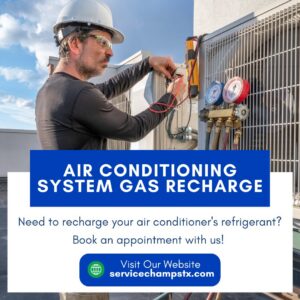An HVAC technician checking refrigerant levels on an outdoor AC unit with gauges for Service Champs Heating and Air in Fort Worth, TX.