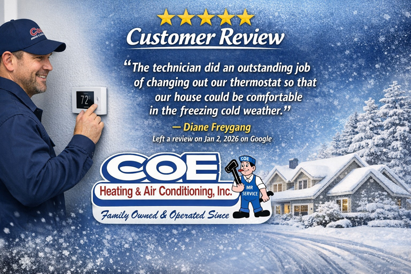 An HVAC technician from Coe Heating & Air Conditioning adjusting a smart thermostat in Fort Wayne, IN.