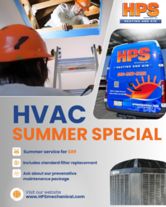 An HVAC technician working in an attic and an outdoor AC unit for HPS Plumbing Services Bakersfield, CA.
