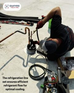 An Empire Tech, Inc. technician brazing refrigeration lines for optimal cooling on a rooftop in Schaumburg, IL.