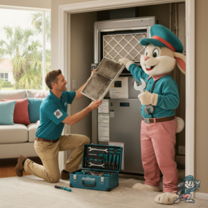 An HVAC technician changing a dirty air filter in a home furnace with the Jack Rabbit mascot at Jack Rabbit Home Services in Las Vegas, NV.