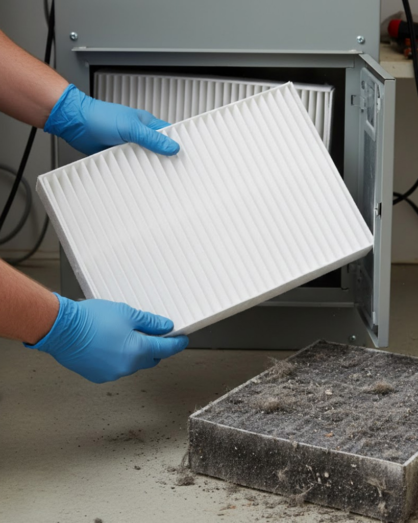 An HVAC technician wearing blue gloves changing a dirty air filter for a clean one at One Hour Heating & Air Conditioning of Lancaster, PA.
