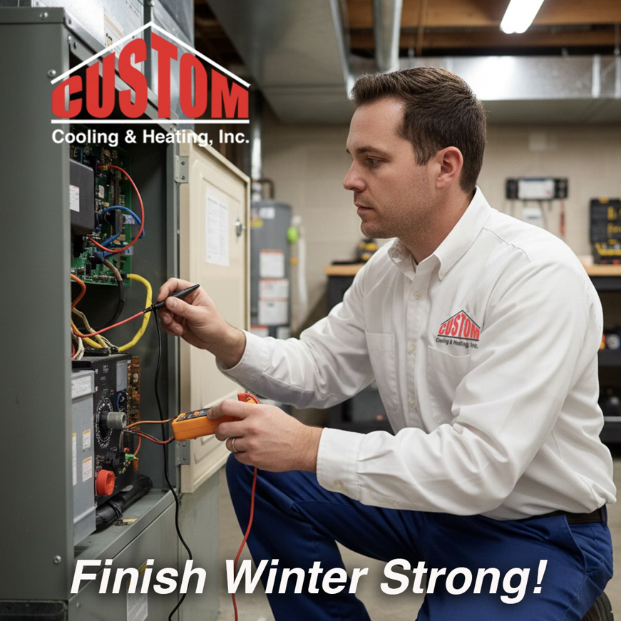 An HVAC technician from Custom Cooling & Heating, INC checking furnace wiring with a multimeter in Lincoln, NE.