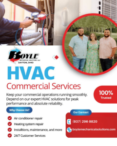 A Boyle Mechanical Solutions HVAC technician checking refrigerant levels on a commercial unit in Dayton, OH.