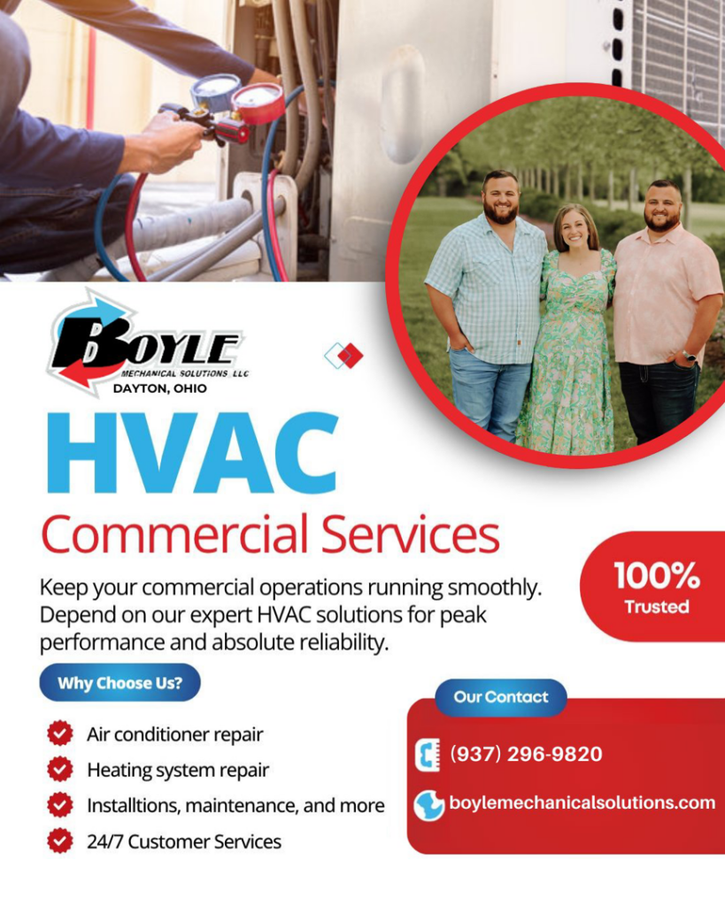 A Boyle Mechanical Solutions HVAC technician checking refrigerant levels on a commercial unit in Dayton, OH.