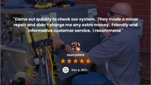 An HVAC technician checking refrigerant levels on an outdoor unit with gauges for Comfort Masters of North Alabama in Athens, AL.