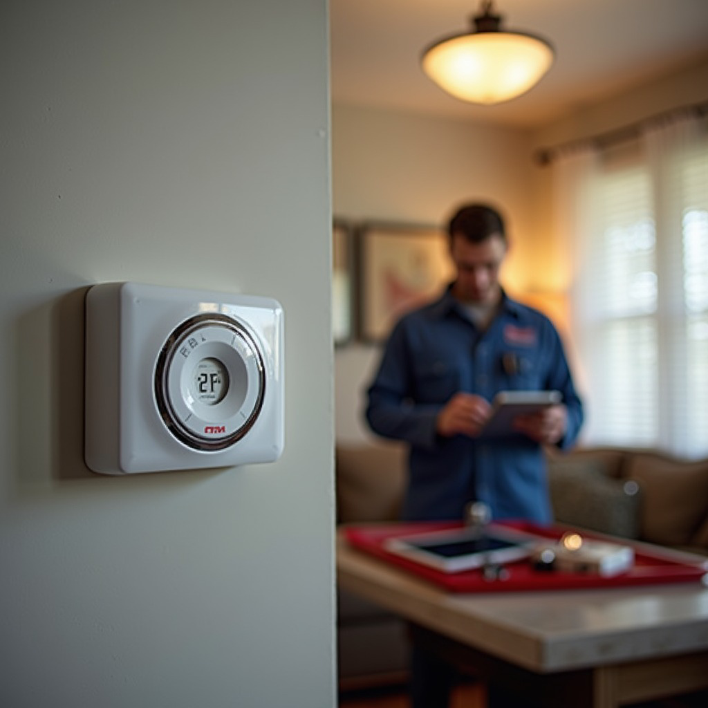 An HVAC technician from A Quick Fix Heating and Air checking thermostat settings and using a tablet in a home in Omaha, NE.