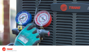 An HVAC technician from Americool Heating & Cooling checking a Trane outdoor unit with gauges in Richmond, VA.