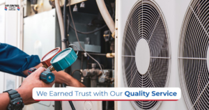 An HVAC technician checking an outdoor air conditioning unit with gauges at Air Control Heating and Cooling in Tallahassee, FL.