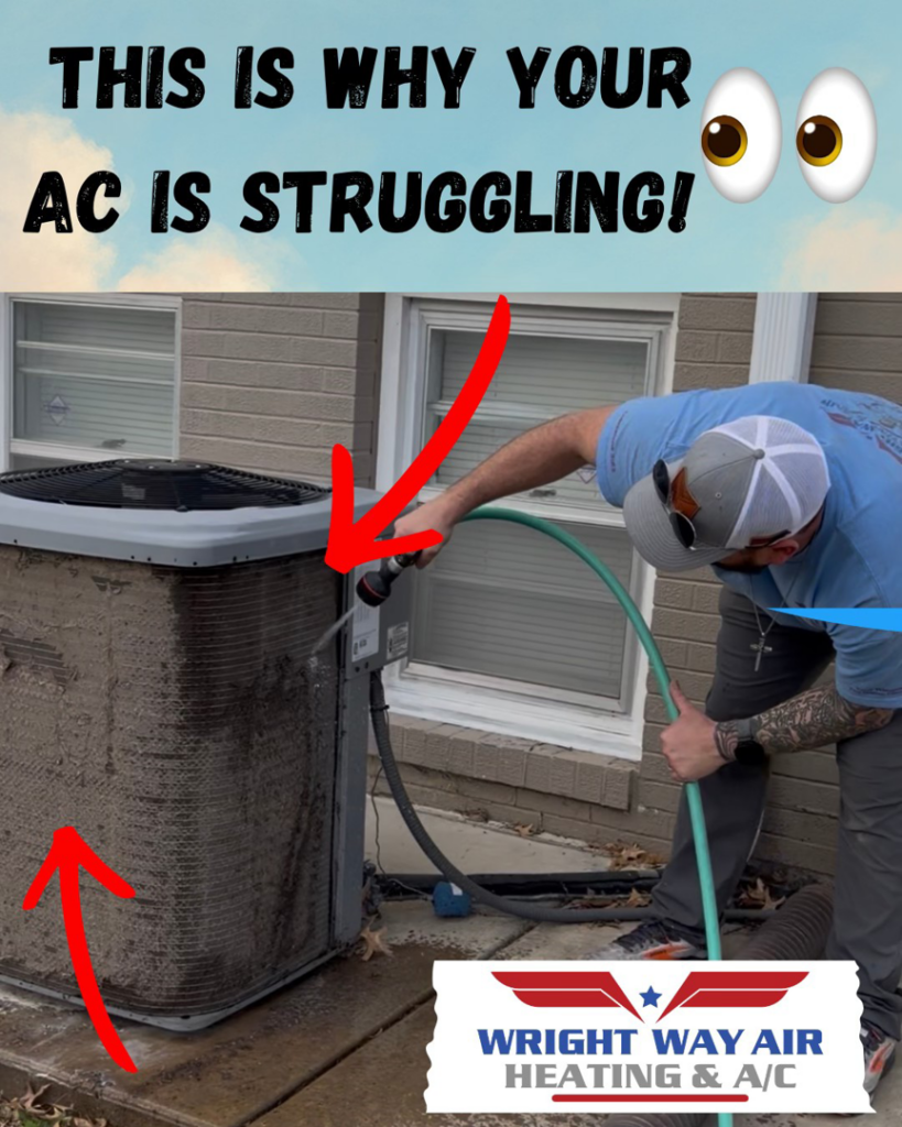 An HVAC technician cleaning a dirty outdoor AC unit with a hose for Wright Way Air in Streamwood, IL